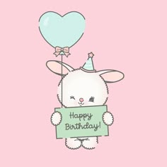 a bunny holding a happy birthday sign with a heart shaped balloon on it's back