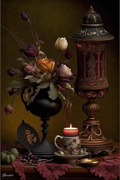 a painting of flowers in a vase next to a lit candle and other items on a table