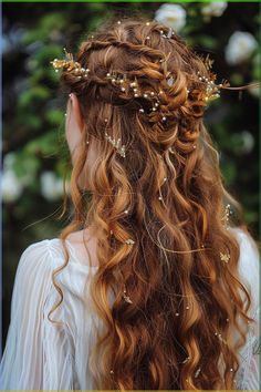 Fire Fairy Hairstyles, Fairy Core Wedding Hair, Fairy Princess Wedding Hair, Faerie Wedding Hair, Forest Fairy Wedding Hair, Ethereal Hair Styles, Hair Tinsel Updo, Midsummer Nights Dream Hair, Wedding Fairy Hair