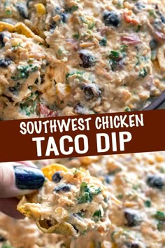 southwest chicken taco dip in a bowl with a hand holding a tortilla chip