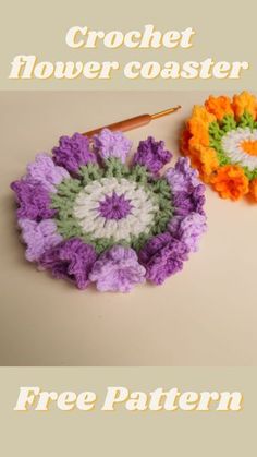 two crochet flower coasters sitting next to each other