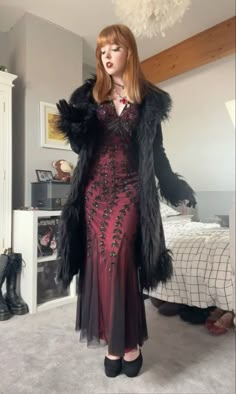 Halloween Dinner Party Outfit, Vampire Outfit Plus Size, Whimsigoth Runway, Funky Goth Outfits, Horror Movie Outfit Ideas, Lilith In Aries Outfit, Vampire Gothic Fashion, Goth Slip Dress, Goth Outfit Moodboard