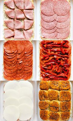 an assortment of meats and cheeses are arranged in separate trays