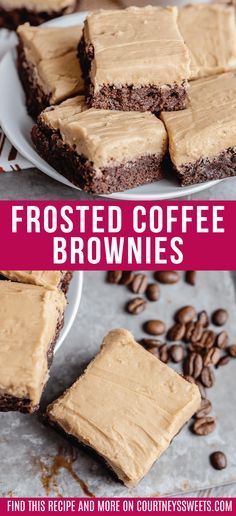 chocolate frosted coffee brownies on a plate with coffee beans around it and the words frosted coffee brownies