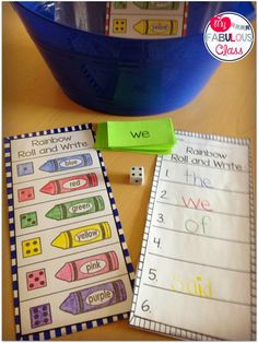 two sheets of paper with writing on them next to a blue bowl and pencils