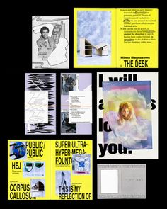 an assortment of brochures, flyers and posters on a black background with yellow accents