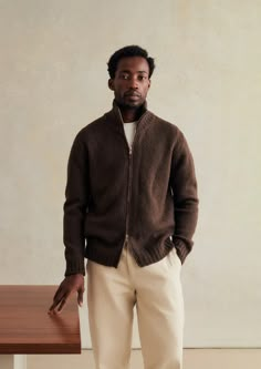 Zipped Sweater, Mens Inspo, Soft Tailoring, Navy Cardigan, Tan Cowhide, Wool Flannel, The Saint, Winter Fits, Japanese Cotton