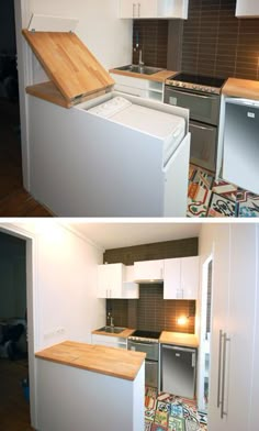 two pictures of the same kitchen in different rooms