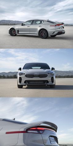 three different views of the rear end of a silver sports car, from top to bottom