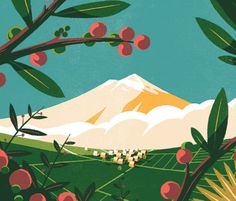 an illustration of a mountain range with trees and berries in the foreground, against a blue sky