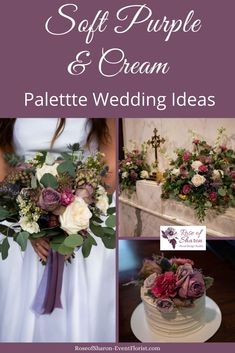 a collage of photos with flowers and candles on them, including the words soft purple & cream palette wedding ideas