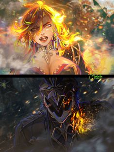 two pictures of the same woman with fire in her hair, one is wearing armor