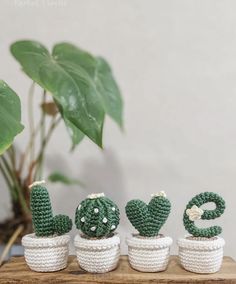 three crocheted cactus planters with the word love spelled out in front of them