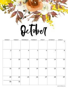 the october calendar with watercolor flowers on it