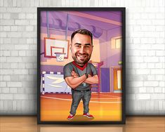 a caricature of a man standing in front of a basketball court with his arms crossed