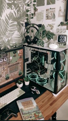 a desktop computer sitting on top of a wooden desk