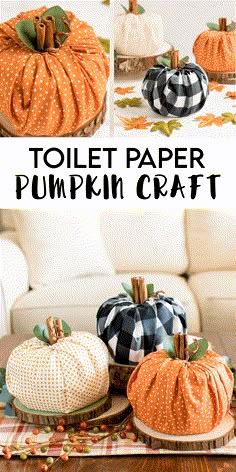 three pictures of pumpkins with the words toilet paper pumpkin craft on top and bottom