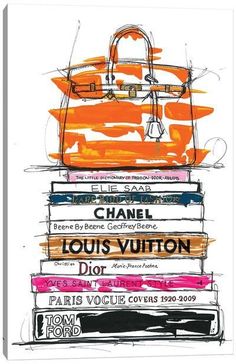 a stack of books with the words louis vuitton on them in orange and pink