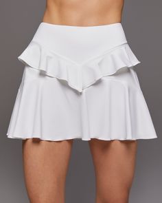 Calipso Skirt W/ Shorts - White Golf Attire Women, Fashion Activewear, Flounce Skirt, Cropped Zip Up, Ruffle Design, Golf Attire, Golf Dresses, Longline Bra, Full Look