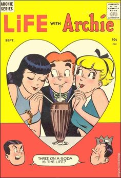 an old comic book cover with two women and a man drinking out of a cup