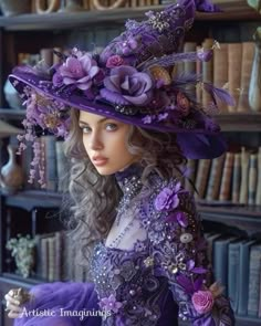 a doll wearing a purple dress and hat with flowers on it's head, sitting in front of bookshelves