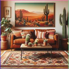 a living room filled with furniture and potted plants on top of a rug in front of a painting