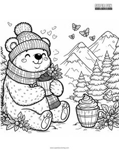 a coloring page with a bear holding a cup