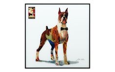 a dog with a bow tie on standing in front of a white background framed art print