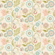 a flowery pattern with birds and leaves on it's side, in pastel colors