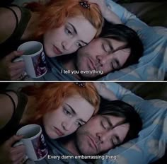 two people laying in bed next to each other with coffee cups on their heads and the caption reads, i tell you everything