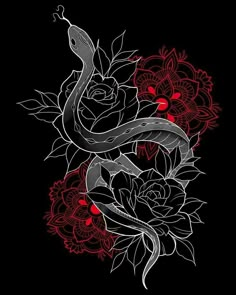 a snake and roses on a black background with red accents in the center is an illustration