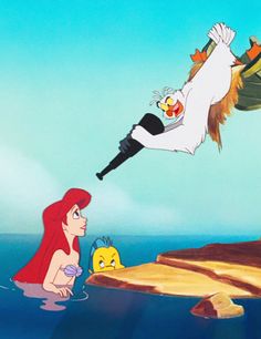 the little mermaid is flying through the air next to an orange duck and another bird