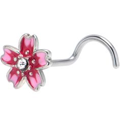 a pink and silver flower belly ring