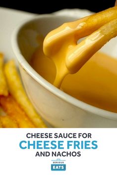 cheese sauce for cheese fries and nachos is being held up to the camera