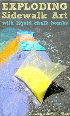 A new SUPER fun way to play with sidewalk chalk- make exploding chalk paint bags! This activity is easy to set up, requires basic household ingredients, and was seriously way too fun! (exploding art for Summer) Exploding Chalk, Paint Bags, Summer Science, Chalk Bags, Painted Bags, Educational Activities For Kids, Water Balloons