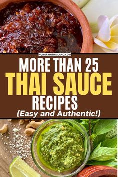 thai sauce in a clay bowl with limes and cashews on the side text reads more than 25 thai sauce recipes easy and authentic