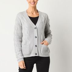 This women's v-neck cardigan by St. John's Bay is made from a soft cotton-blend in a cable-knit design, featuring a button-front closure, front pockets, and ribbed trims. Wear this essential style with a t-shirt underneath and jeans.Features: EssentialsClosure Type: ButtonFit: Regular FitNeckline: V NeckPockets: 2 Front Slip PocketsSleeve Length: Long SleeveSleeve Style: Fitted SleeveApparel Length: 24 InchesFiber Content: 60% Cotton, 40% AcrylicFabric Description: KnitCare: Machine WashCountry Cotton Cable Knit Cardigan For Work, Large Sweaters, Small Sweater, Women's Sweaters, Button Cardigan, Pullover Sweater Women, V Neck Cardigan, Pair Of Pants, Women Pullover