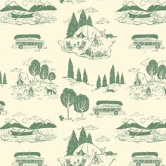 a green and white wallpaper with campers, trees, and mountains on it