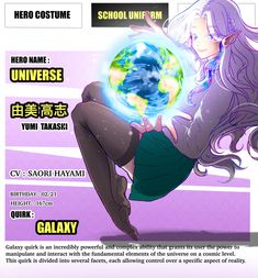 🌸 Hi everyone ! 🌸 I’m delighted to reveal the brand-new ref sheet of my OC, Yumi Takashi, two years after the first version! Yumi has come a long way, and her quirk, "Galaxy," is now more powerful than ever. 🌌 Her "Galaxy" Quirk 🌌 Yumi possesses the unique ability to manipulate the very fundamental aspects of the universe itself. Here’s a glimpse of her incredible powers : Spatio-Temporal Manipulation: Yumi can alter space and time, creating portals for instant teleportation or manipula... Portal Powers, Mha Quirks, Galaxy Oc, Oc Quirks, Alter Space, Saori Hayami, Mha Ocs, My Hero Academia Costume, Nuclear Force