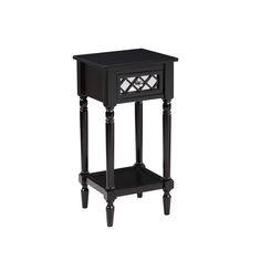 a black end table with an open drawer on the top and one drawer at the bottom