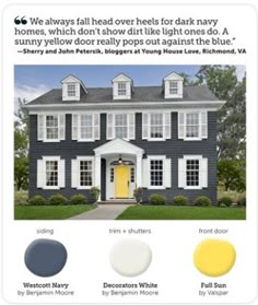 a house with white trim and yellow door, black shutters and gray shingles