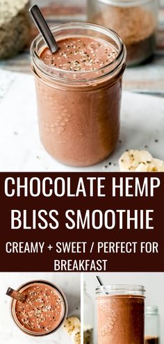 chocolate hemp bliss smoothie in a mason jar