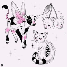 three different types of animals with pink and black markings on their body, one is a cat