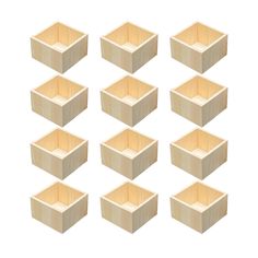 twelve wooden boxes with dividers on each side, all in different sizes and shapes