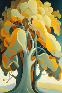 a painting of a tree with yellow leaves