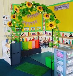 an image of a room with sunflowers on the wall and some bookshelves