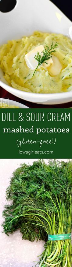 dill and sour cream mashed potatoes in a white bowl with green onions on the side