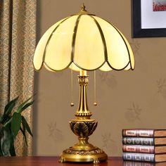 a table lamp sitting on top of a wooden desk next to books and a potted plant