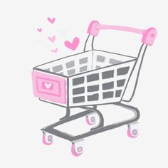 a drawing of a shopping cart with hearts coming out of the basket and on wheels