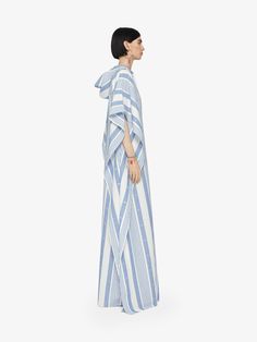 Kaftan dress in cotton and linen with 4G stripes in - blue/off white | Givenchy US Kaftan Neck Designs, Kaftan Dress Pattern, Hooded Kaftan, Linen Stripes, Hood Pattern, Kaftan Designs, Cowboy Boots Women, Kaftan Dress, Product Label